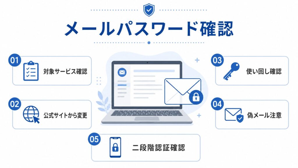 KDDIのISP向けメールシステム不正アクセスを受けて、対象サービス確認、公式サイトからのパスワード変更、使い回し確認、偽メール注意を整理する図解