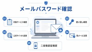 KDDIのISP向けメールシステム不正アクセスを受けて、対象サービス確認、公式サイトからのパスワード変更、使い回し確認、偽メール注意を整理する図解