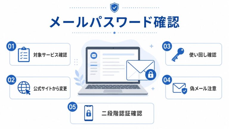KDDIのISP向けメールシステム不正アクセスを受けて、対象サービス確認、公式サイトからのパスワード変更、使い回し確認、偽メール注意を整理する図解