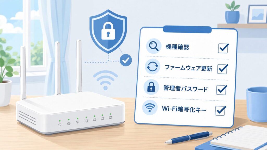 NEC Atermに脆弱性情報が出た時に、対象機種、ファームウェア更新、管理者パスワード、Wi-Fi暗号化キーを順番に確認する図解