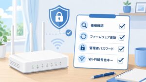 NEC Atermに脆弱性情報が出た時に、対象機種、ファームウェア更新、管理者パスワード、Wi-Fi暗号化キーを順番に確認する図解