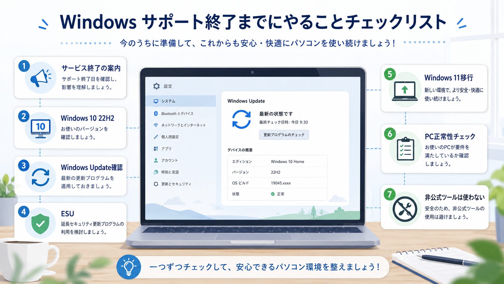 Windowsでサービス終了の案内が表示された時に、Windows 10 22H2、Windows Update、ESU、Windows 11移行、PC正常性チェック、非公式ツールを使わない確認を整理するフロー図