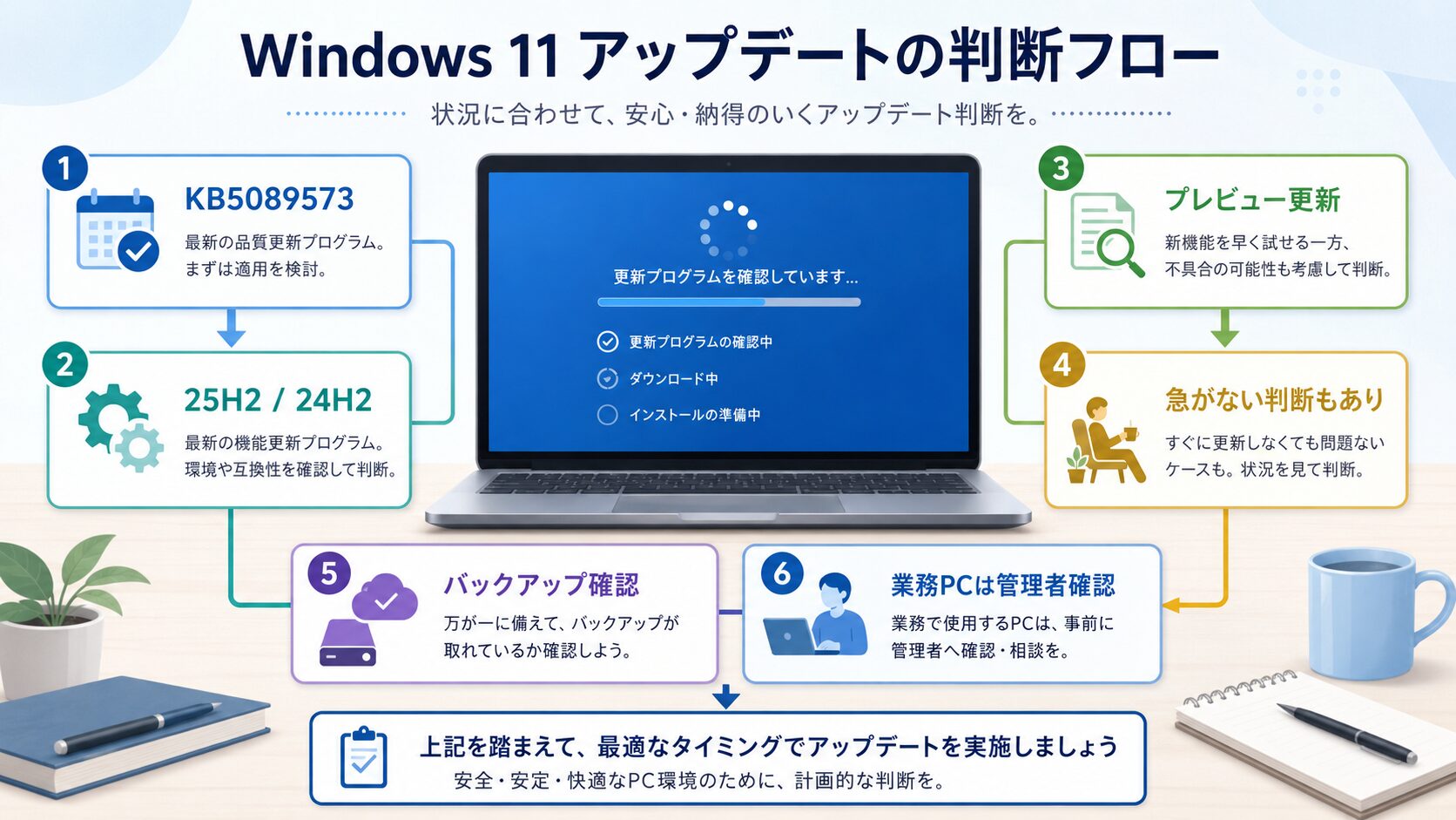 Windows 11のKB5089573を入れる前に、25H2・24H2、プレビュー更新、バックアップ、業務PCの管理者確認を整理する判断フロー図