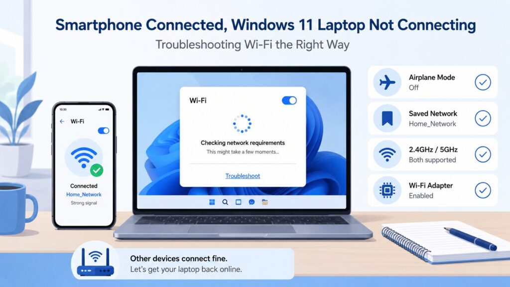 スマホではWi-Fiに接続できているのに、Windows 11のパソコンだけ接続できない時に、機内モード、保存済みネットワーク、周波数帯、Wi-Fiアダプターを確認する図解