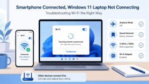 スマホではWi-Fiに接続できているのに、Windows 11のパソコンだけ接続できない時に、機内モード、保存済みネットワーク、周波数帯、Wi-Fiアダプターを確認する図解