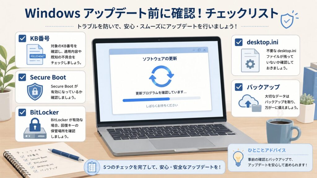 2026年6月のWindows UpdateでKB番号、Secure Boot、BitLocker、desktop.ini、バックアップを確認する図解