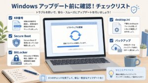 2026年6月のWindows UpdateでKB番号、Secure Boot、BitLocker、desktop.ini、バックアップを確認する図解