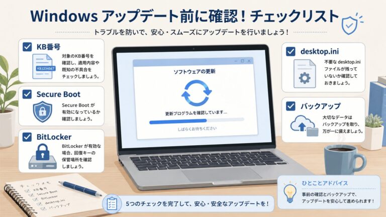 2026年6月のWindows UpdateでKB番号、Secure Boot、BitLocker、desktop.ini、バックアップを確認する図解