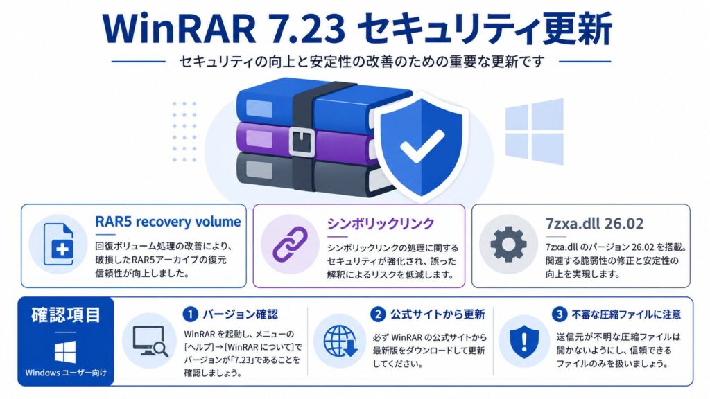 WinRAR 7.23のセキュリティ更新について、RAR5 recovery volume、シンボリックリンク、7zxa.dll 26.02、バージョン確認を整理する図解