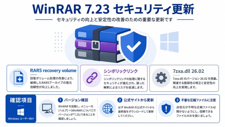 WinRAR 7.23のセキュリティ更新について、RAR5 recovery volume、シンボリックリンク、7zxa.dll 26.02、バージョン確認を整理する図解