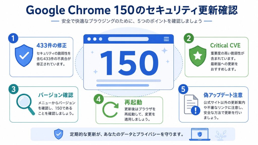Google Chrome 150のセキュリティ更新で、433件の修正、Critical CVE、バージョン確認、再起動、偽アップデート注意を整理する図解