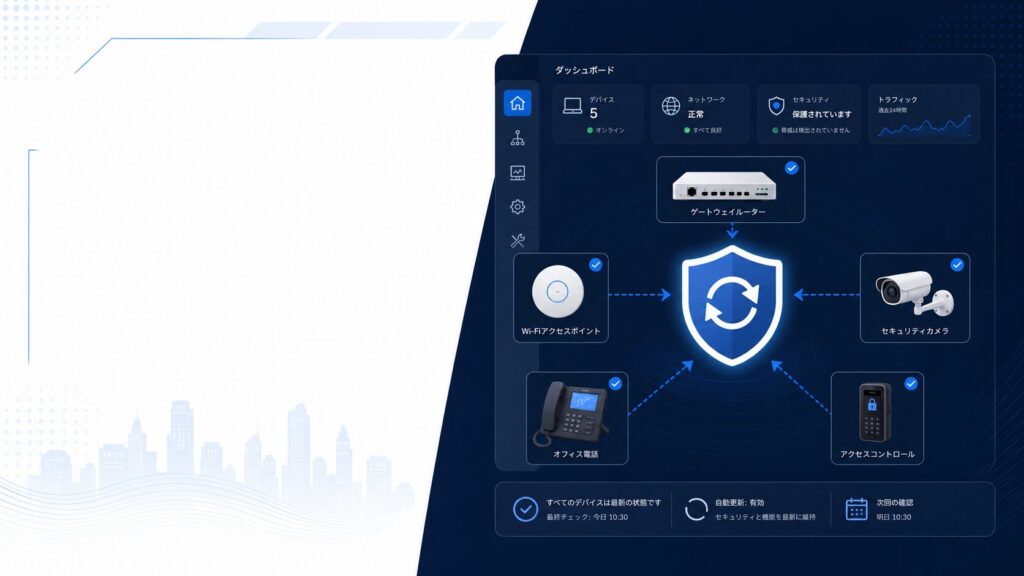Ubiquiti UniFiの脆弱性情報を確認し、ネットワーク機器と各アプリケーションを更新する流れを示す図解