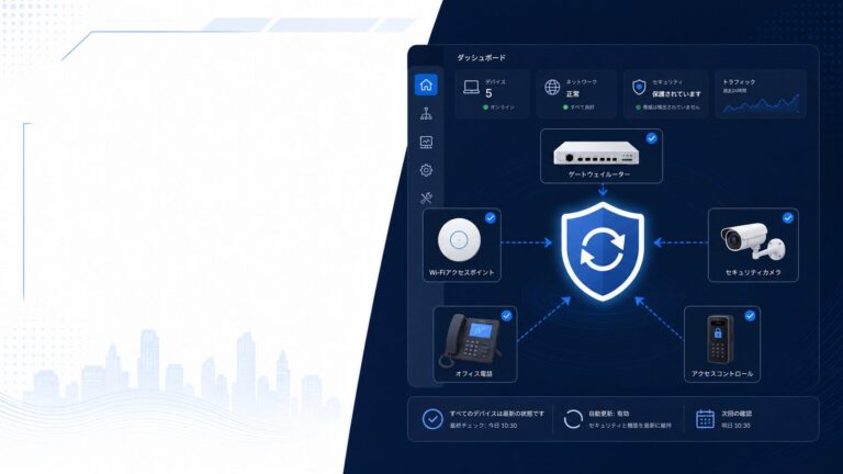 Ubiquiti UniFiの脆弱性情報を確認し、ネットワーク機器と各アプリケーションを更新する流れを示す図解