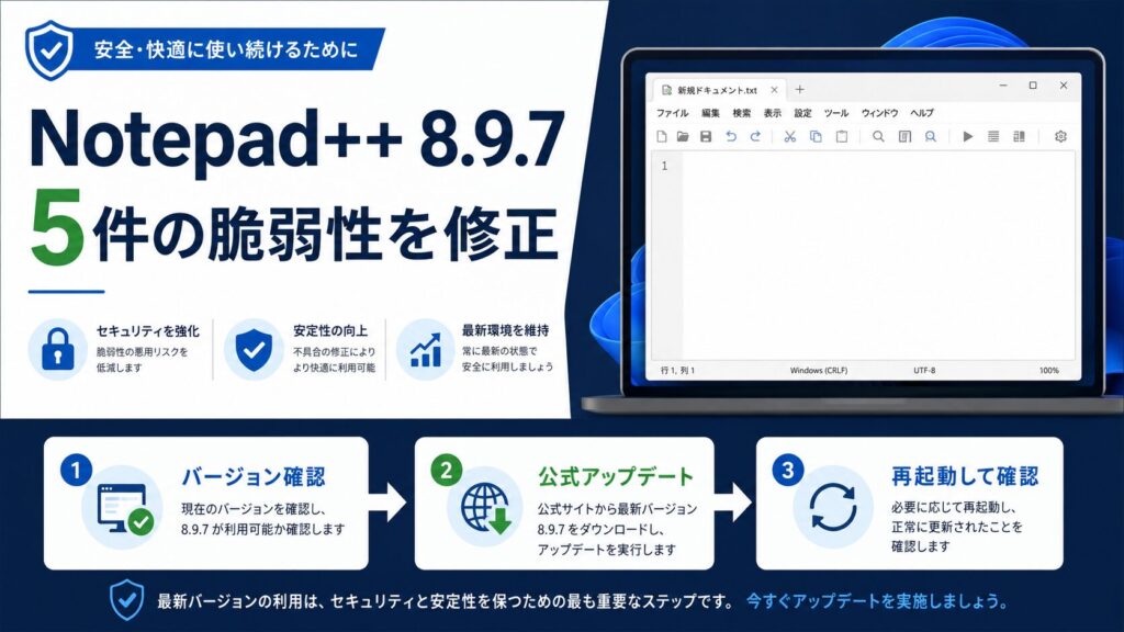 Notepad++ 8.9.7で5件の脆弱性が修正され、バージョン確認、公式更新、再起動を行う流れを示す図解