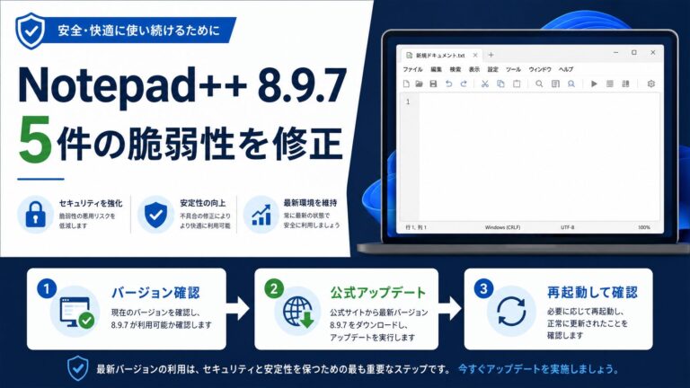 Notepad++ 8.9.7で5件の脆弱性が修正され、バージョン確認、公式更新、再起動を行う流れを示す図解
