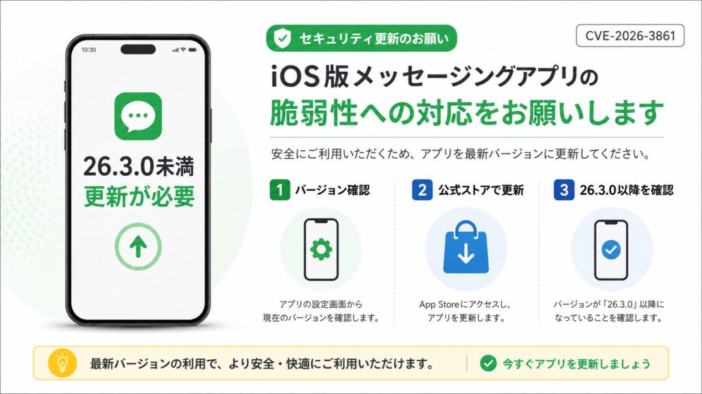 iOS版LINEのCVE-2026-3861について、現在のバージョン確認、公式ストアでの更新、26.3.0以降の確認手順を示す図解