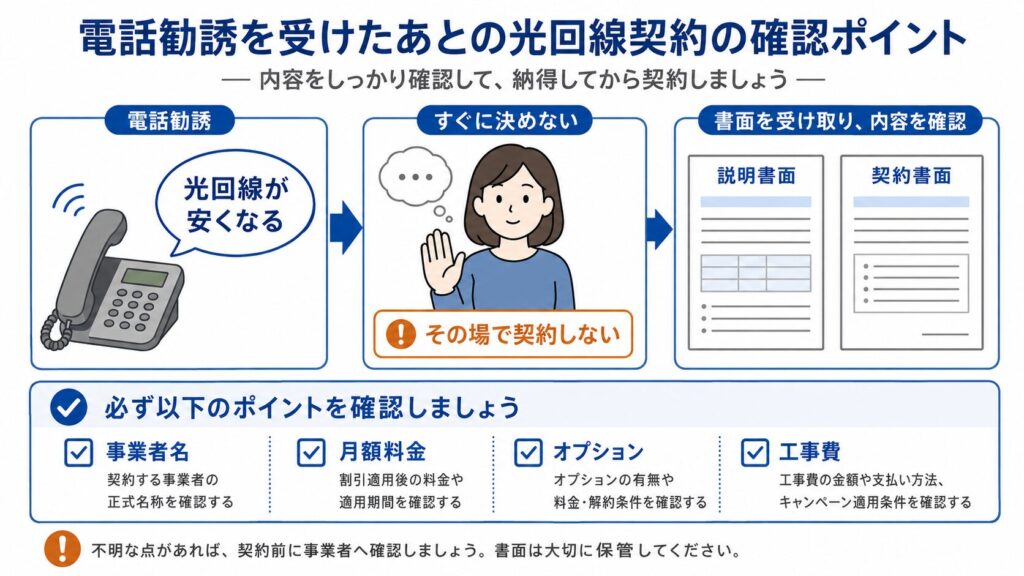 光回線の電話勧誘を受けた時に事業者名、説明書面、契約書面、料金を確認する流れを示す画像