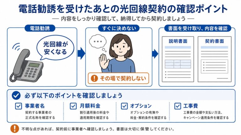 光回線の電話勧誘を受けた時に事業者名、説明書面、契約書面、料金を確認する流れを示す画像