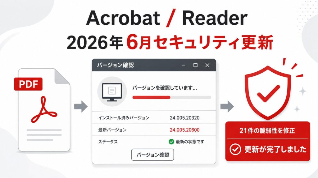 Adobe AcrobatとAcrobat Readerの2026年6月セキュリティ更新で、対象バージョンと公式更新の確認ポイントを整理した画像