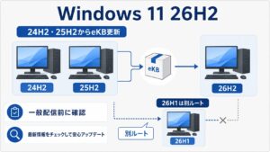 Windows 11 24H2と25H2からeKBで26H2へ更新でき、26H1は別の更新経路になることを整理した画像